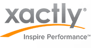 Xactly logo, gray text above orange curved line, 