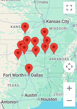 Red location markers on a map of the central US, primarily Texas, Oklahoma, and Arkansas.