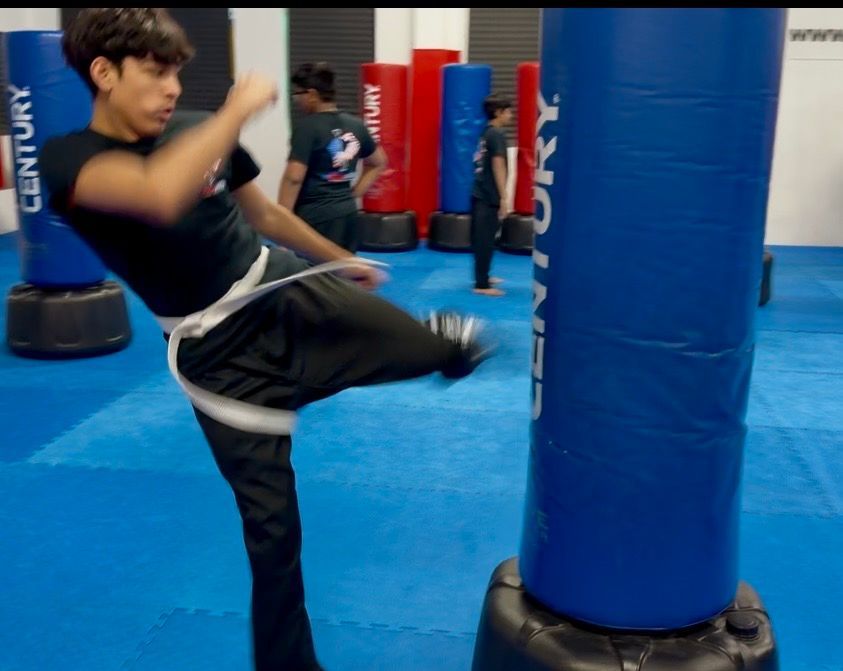 Children in martial arts uniforms practice poses on a blue mat inside a brightly lit training studio.