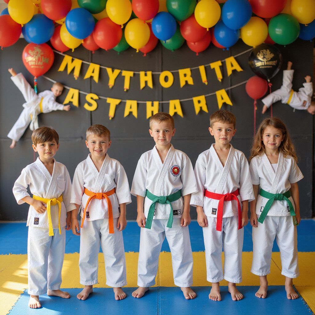 Children in karate uniforms with colorful belts, in front of balloons and a banner, in a dojo.