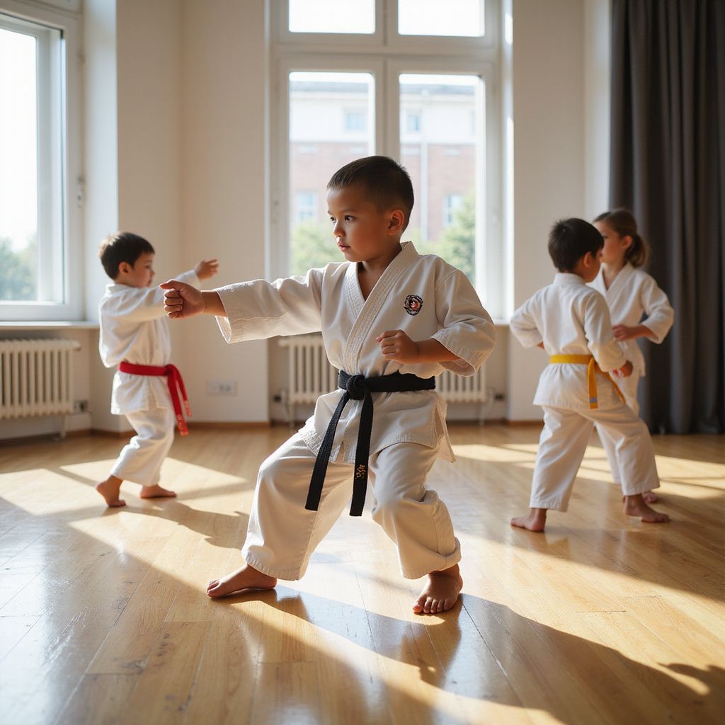 Children in karate uniforms practice in a sunlit dojo.