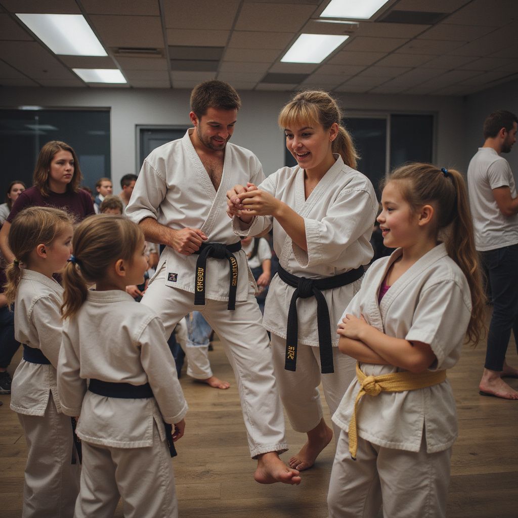 Karate instructors demonstrating to children in a dojo.