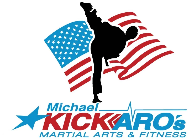 A black silhouette of a person performing a high kick in front of an American flag, above the Michael Kickaro’s logo.