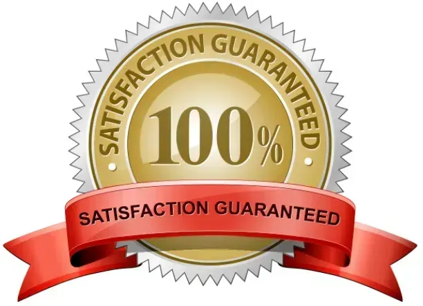 A 100 % satisfaction guaranteed seal with a red ribbon