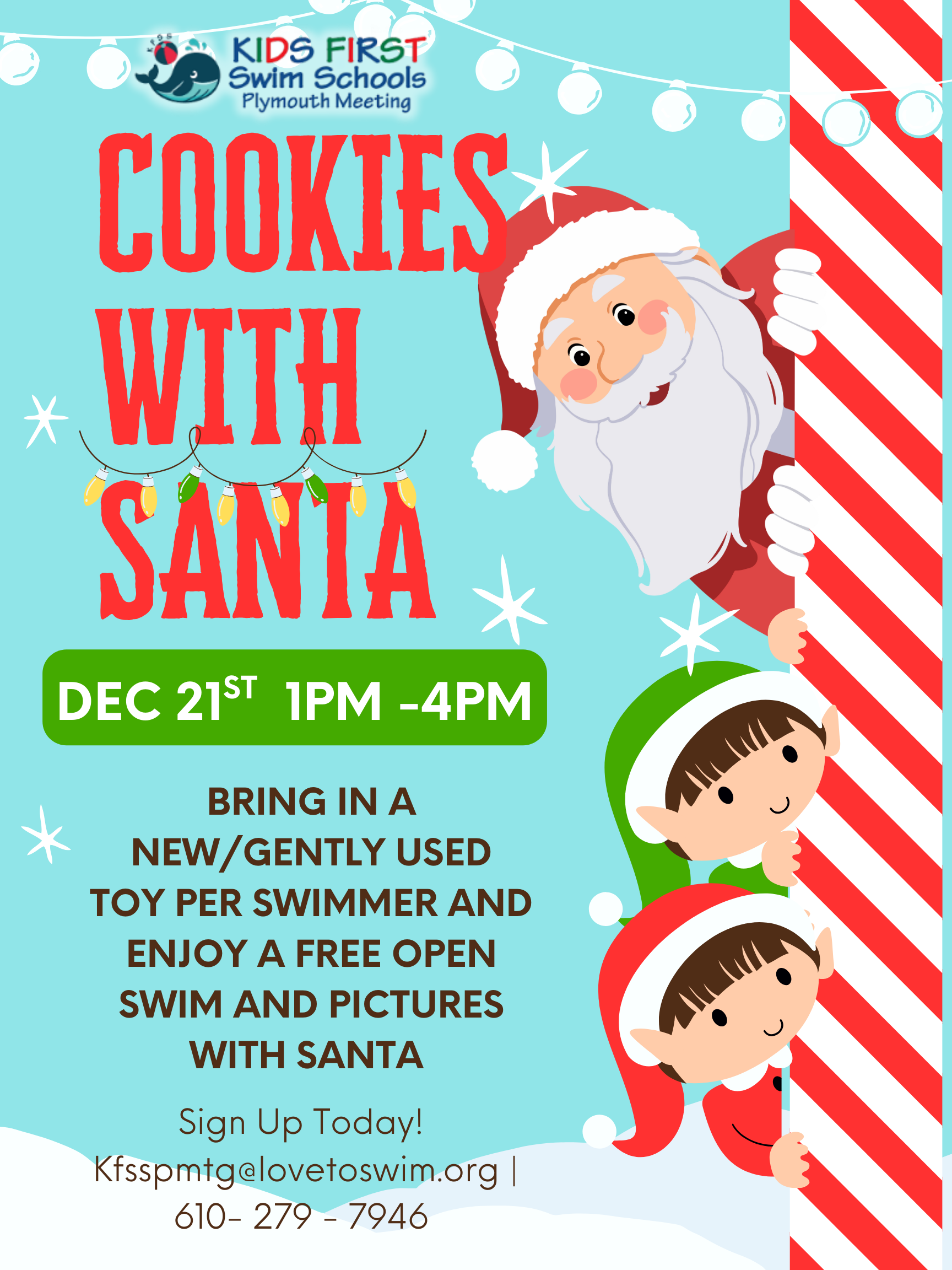 An advertisement for kids first swim schools with a penguin reading a book