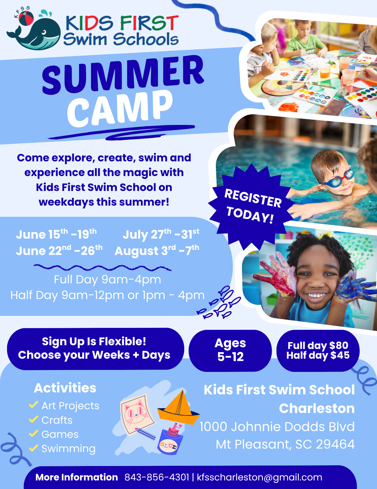 A flyer for a summer camp for kids first swim schools cherry hill