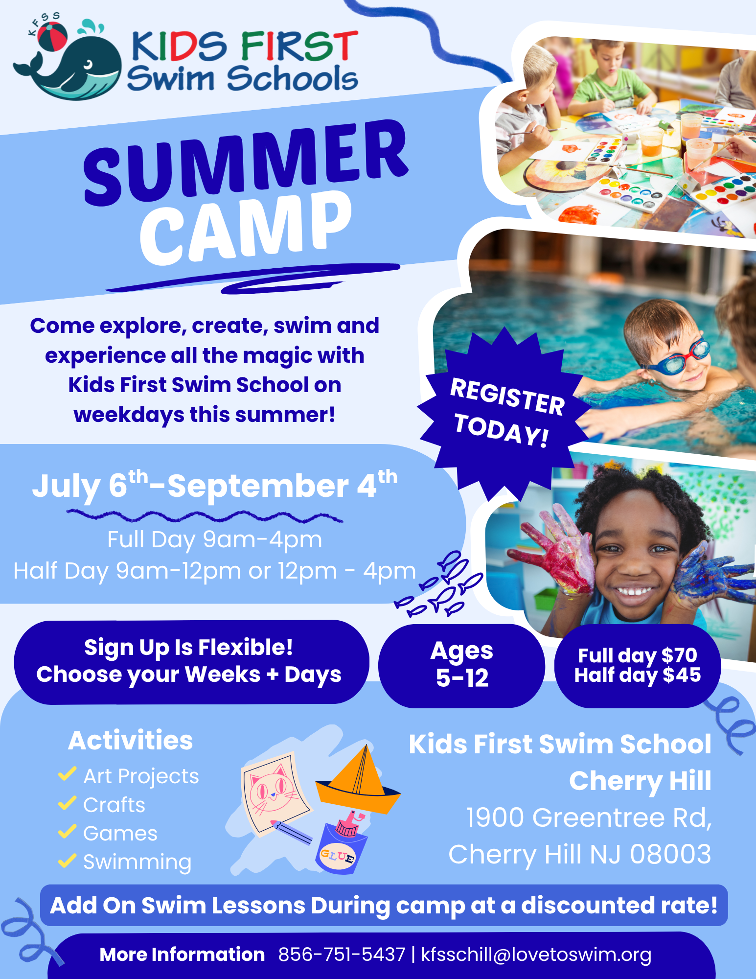 A flyer for a summer camp for kids first swim schools cherry hill