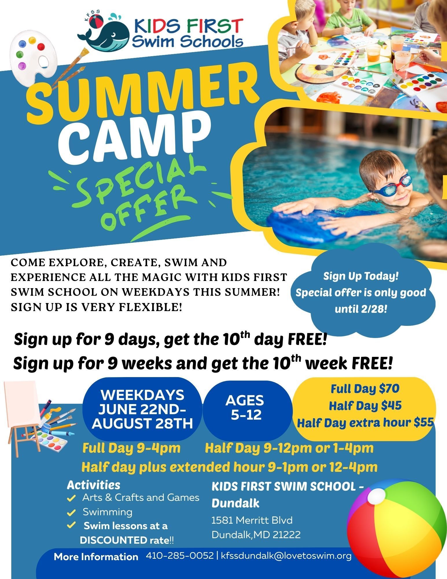 A flyer for a summer camp for kids first swim schools
