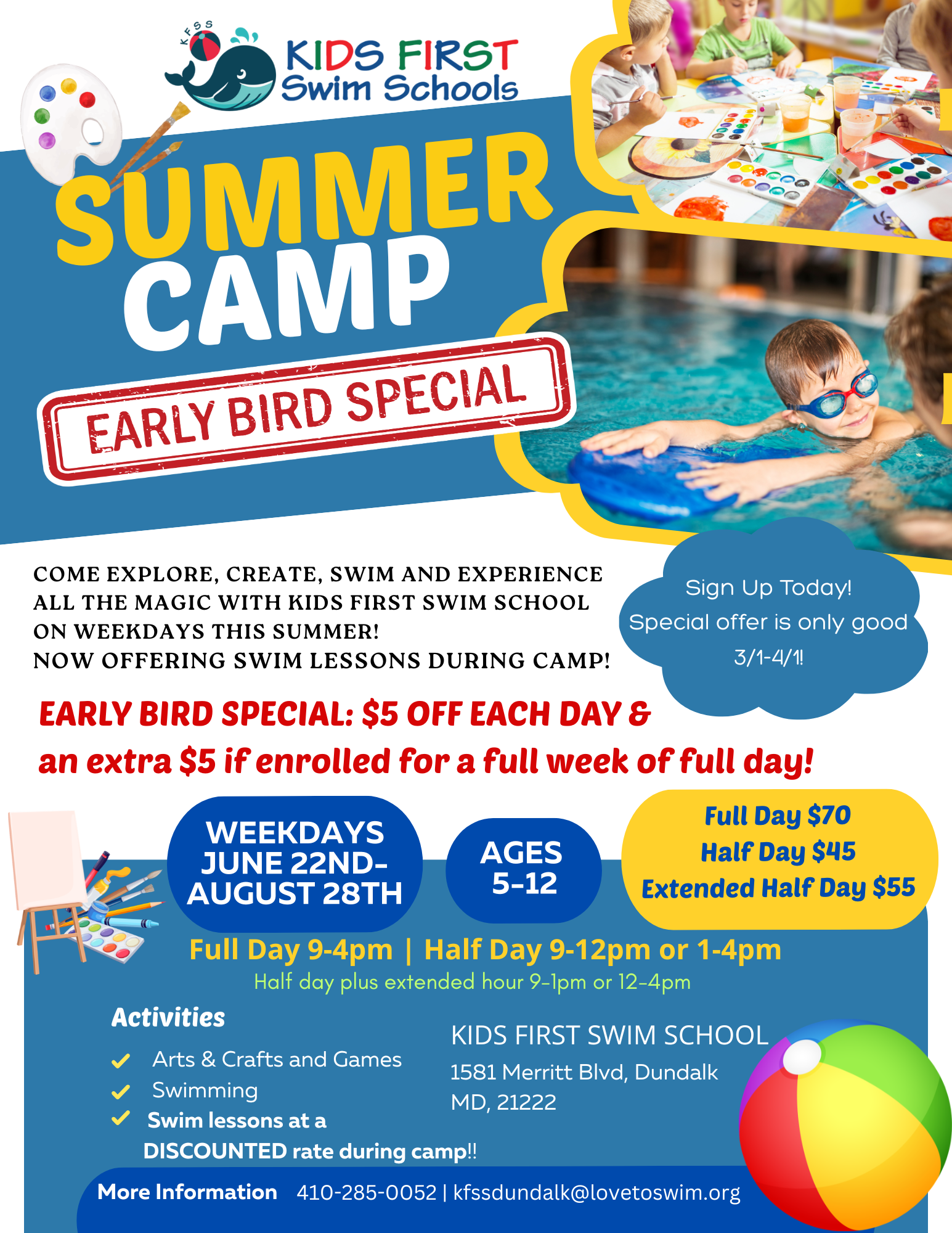 A flyer for a summer camp for kids first swim schools