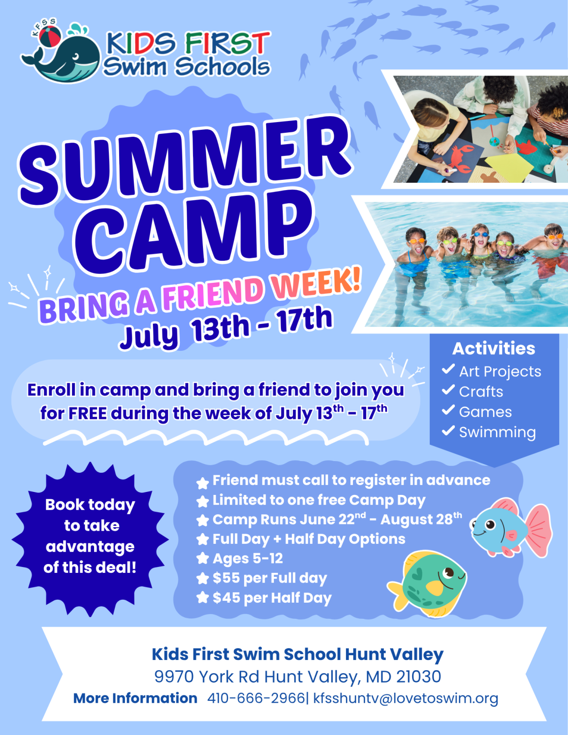 A flyer for a summer camp for kids first swim schools hunt valley
