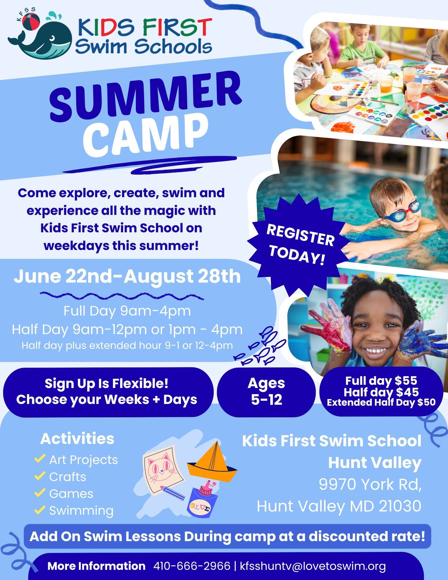 A flyer for a summer camp for kids first swim schools hunt valley