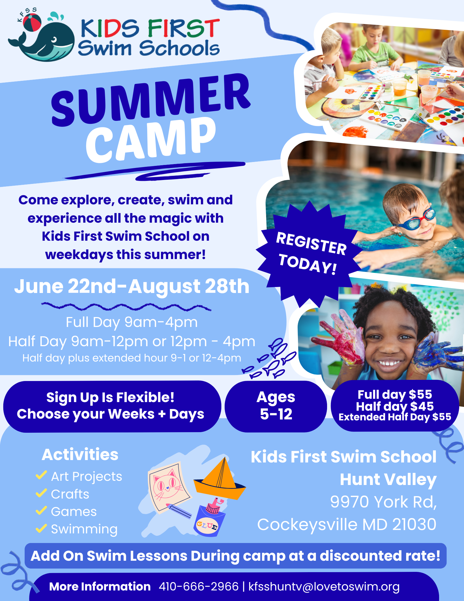A flyer for a summer camp for kids first swim schools cherry hill