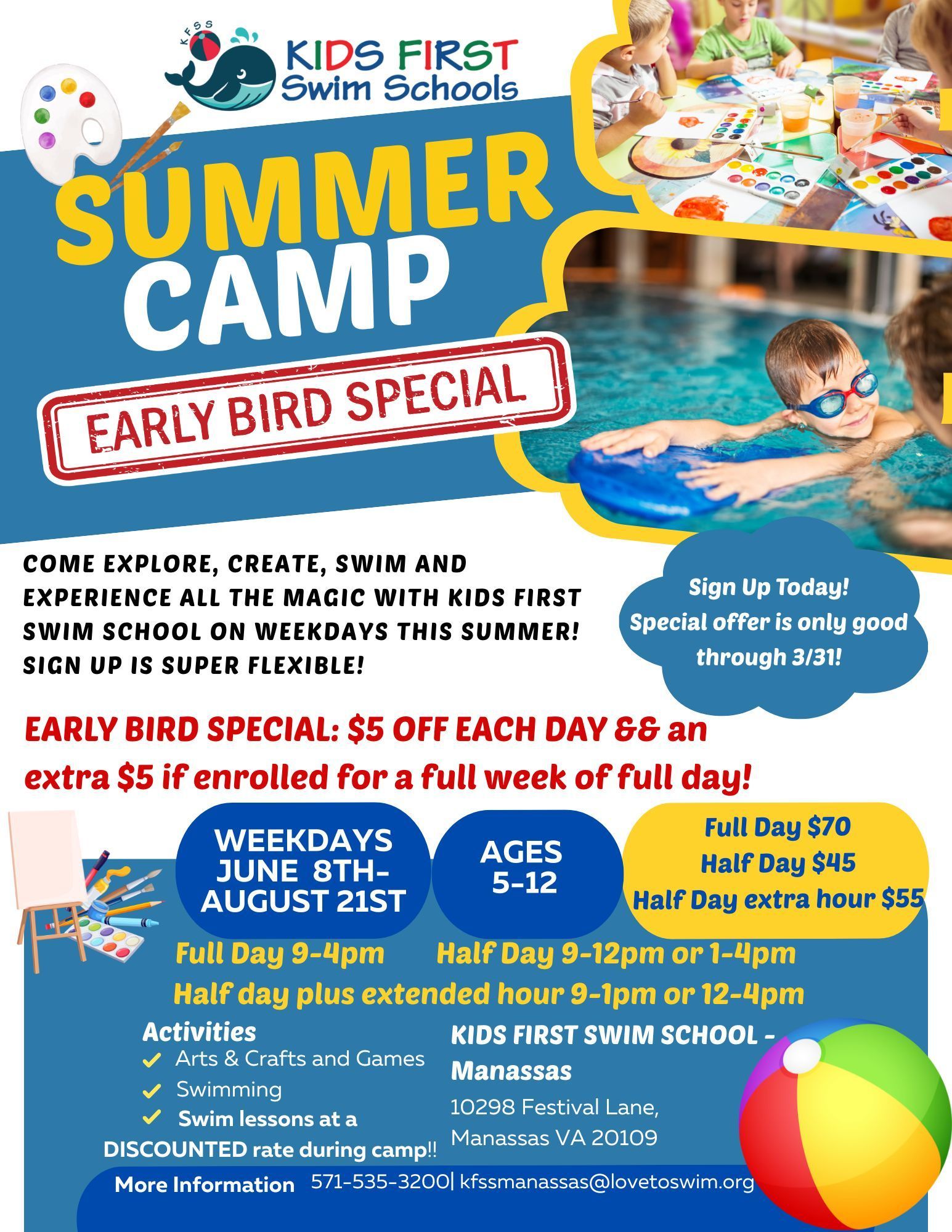 A flyer for a summer camp for kids first swim schools cherry hill