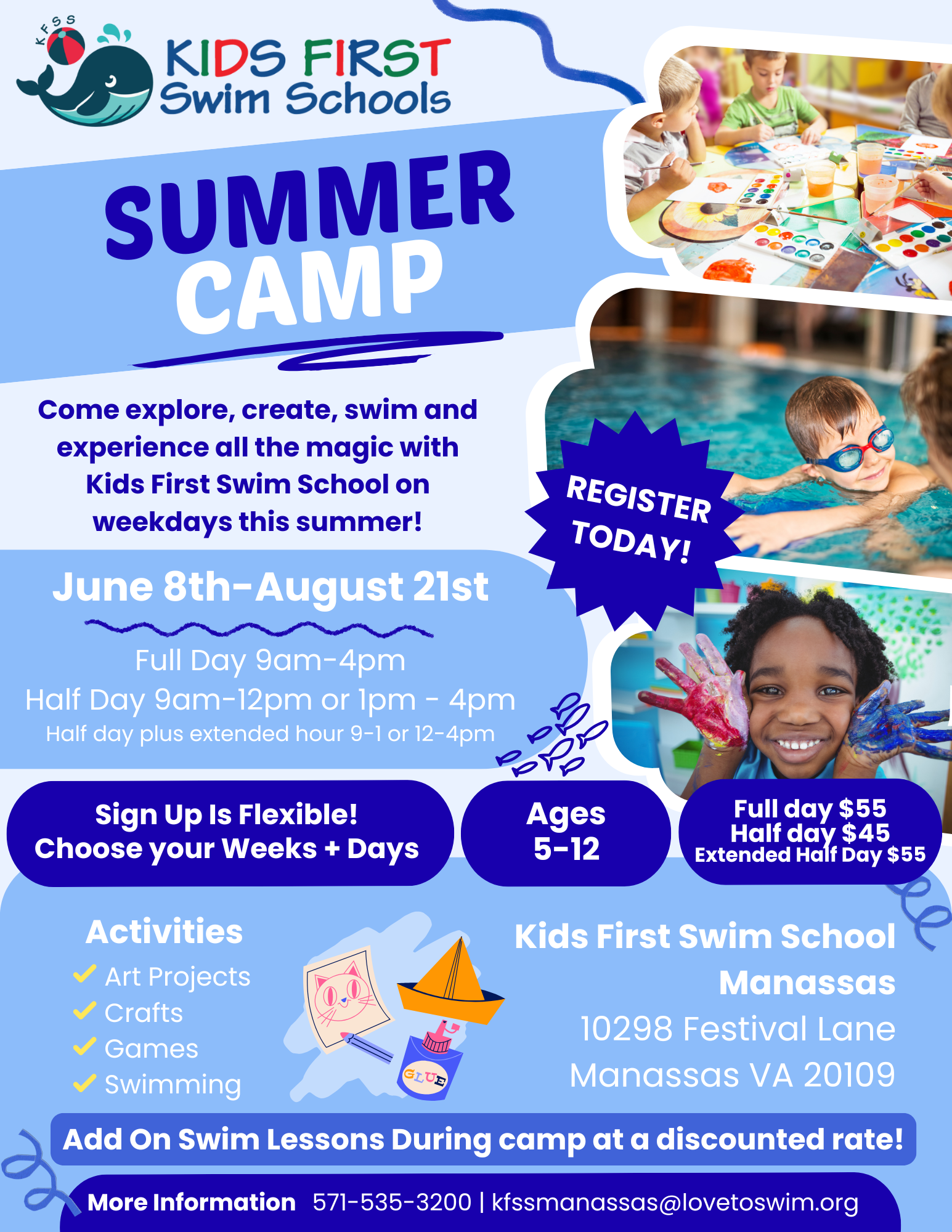 A flyer for a summer camp for kids first swim schools cherry hill