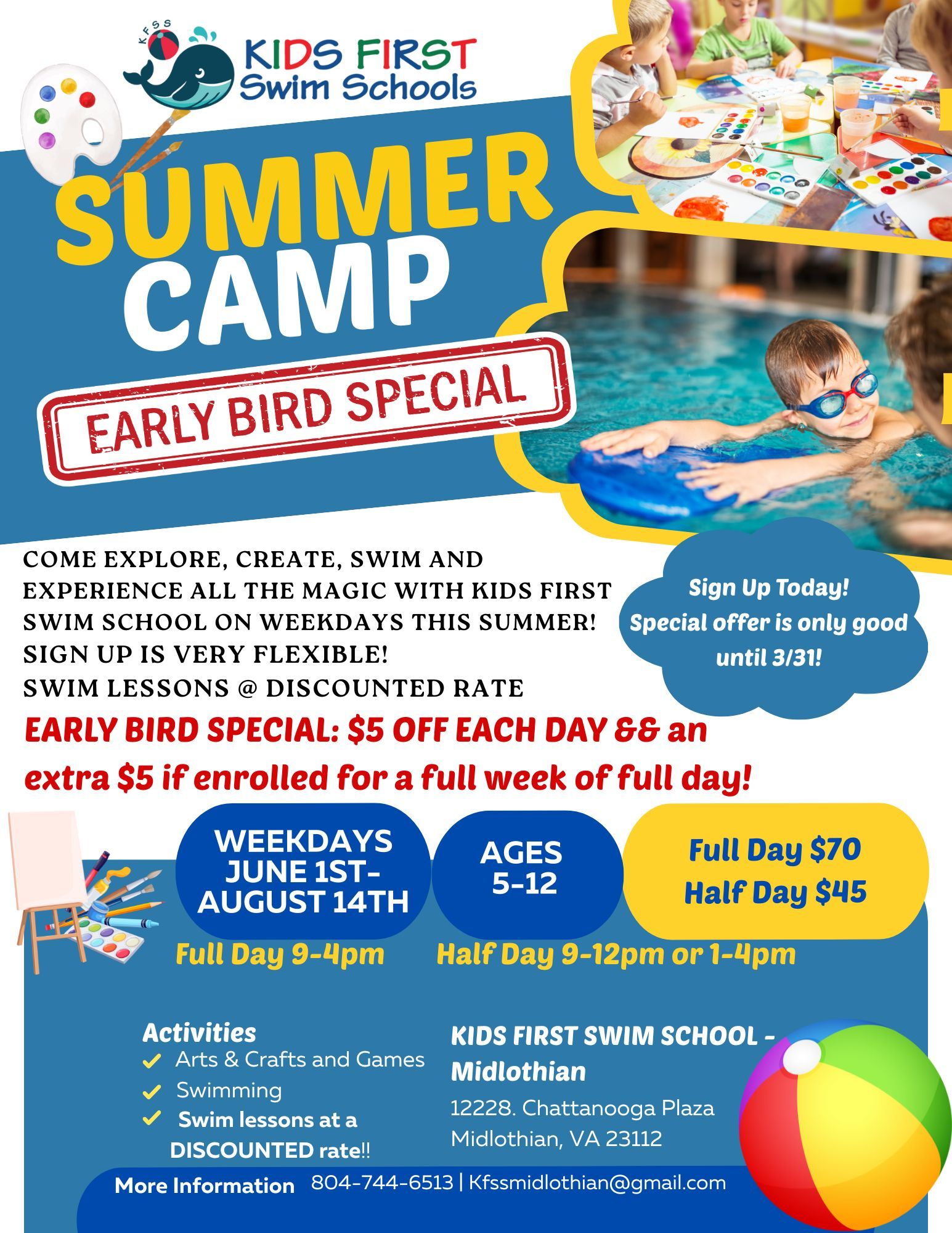 A flyer for a summer camp for kids first swim schools cherry hill