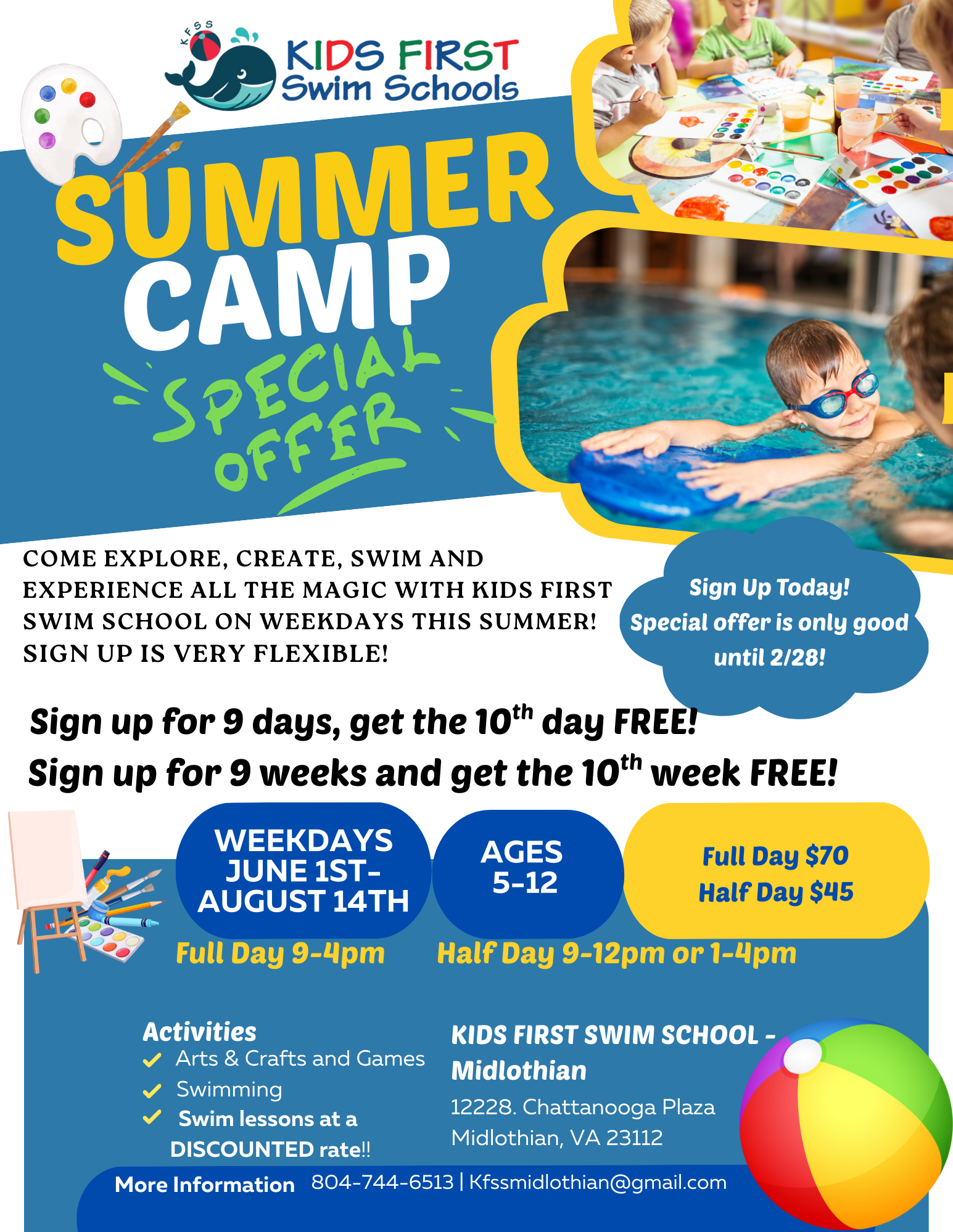 A flyer for a summer camp for kids first swim schools cherry hill