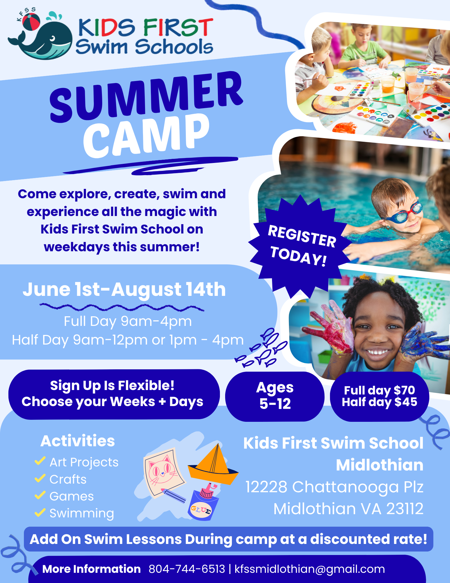 A flyer for a summer camp for kids first swim schools midlothian