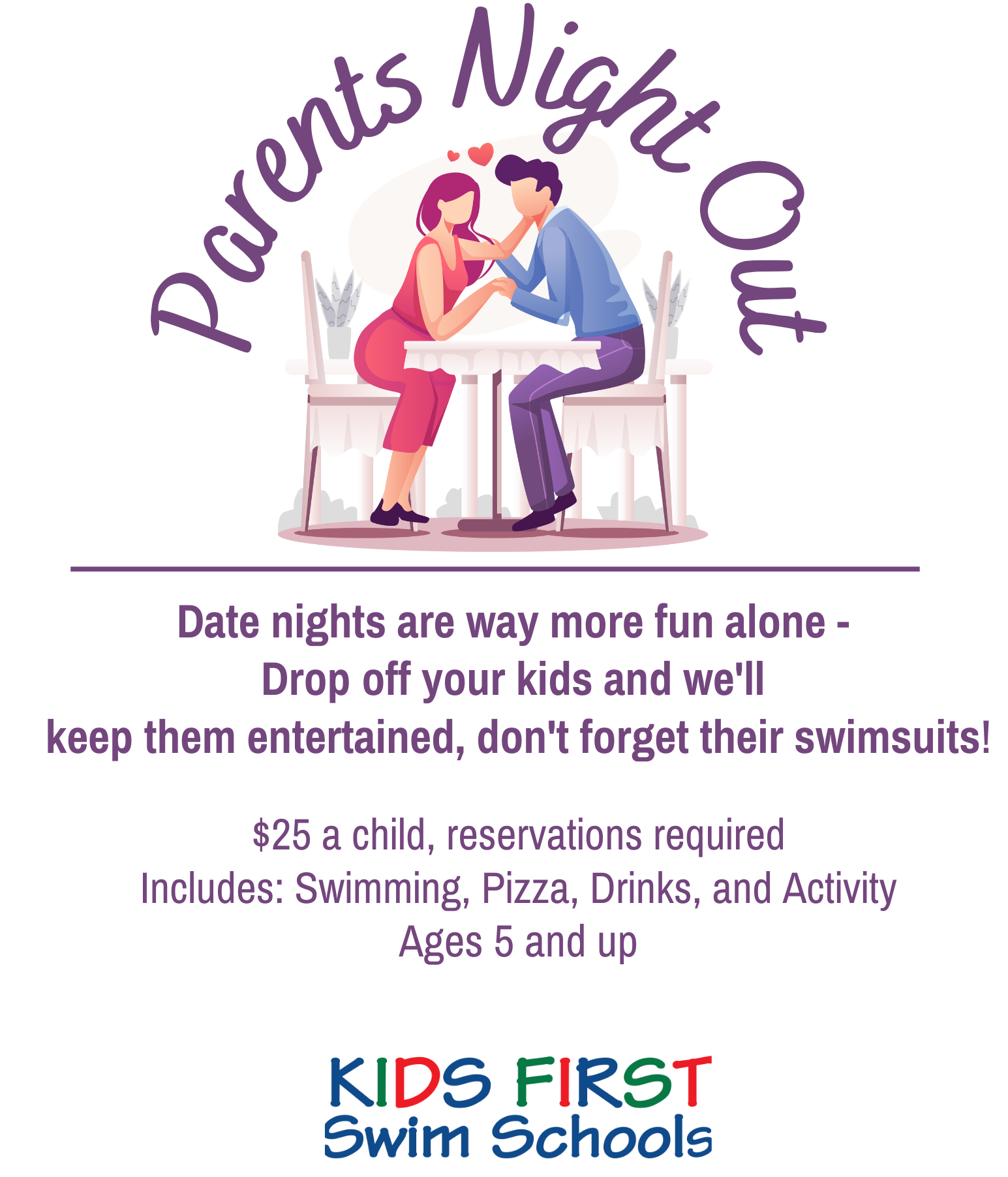 A poster for parents night out at kids first swim schools.