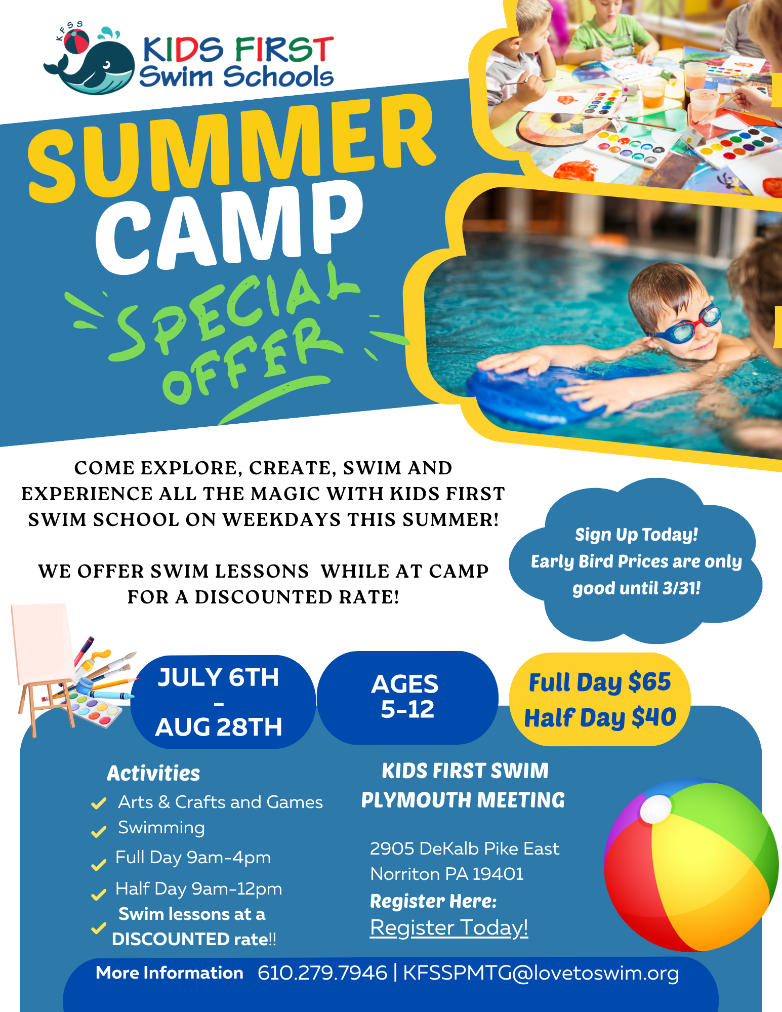 A flyer for a summer camp for kids first swim schools cherry hill