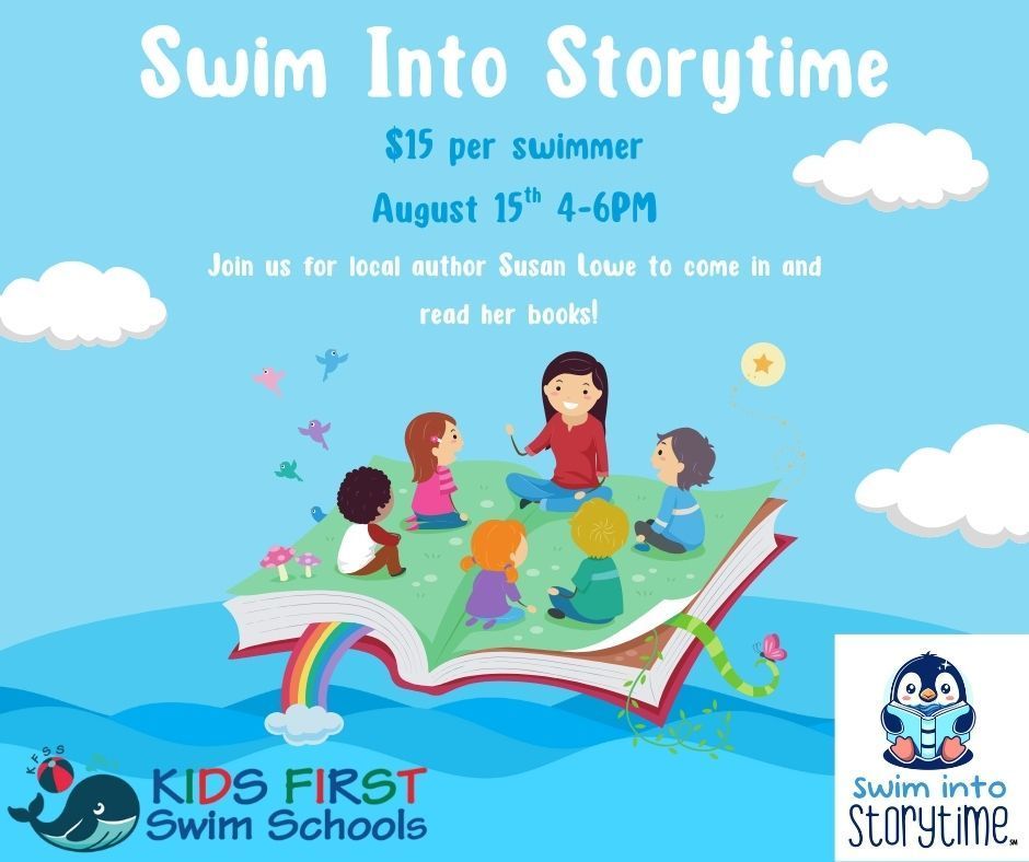An advertisement for kids first swim schools with a penguin reading a book