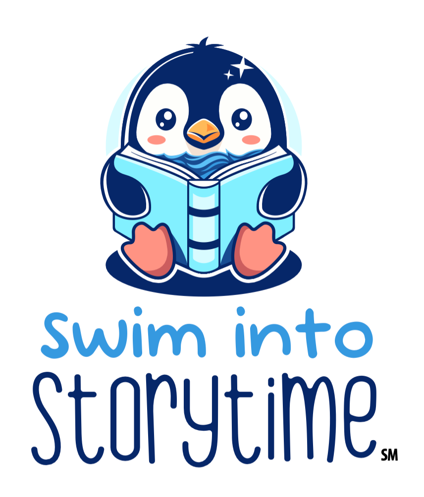 An advertisement for kids first swim schools with a penguin reading a book