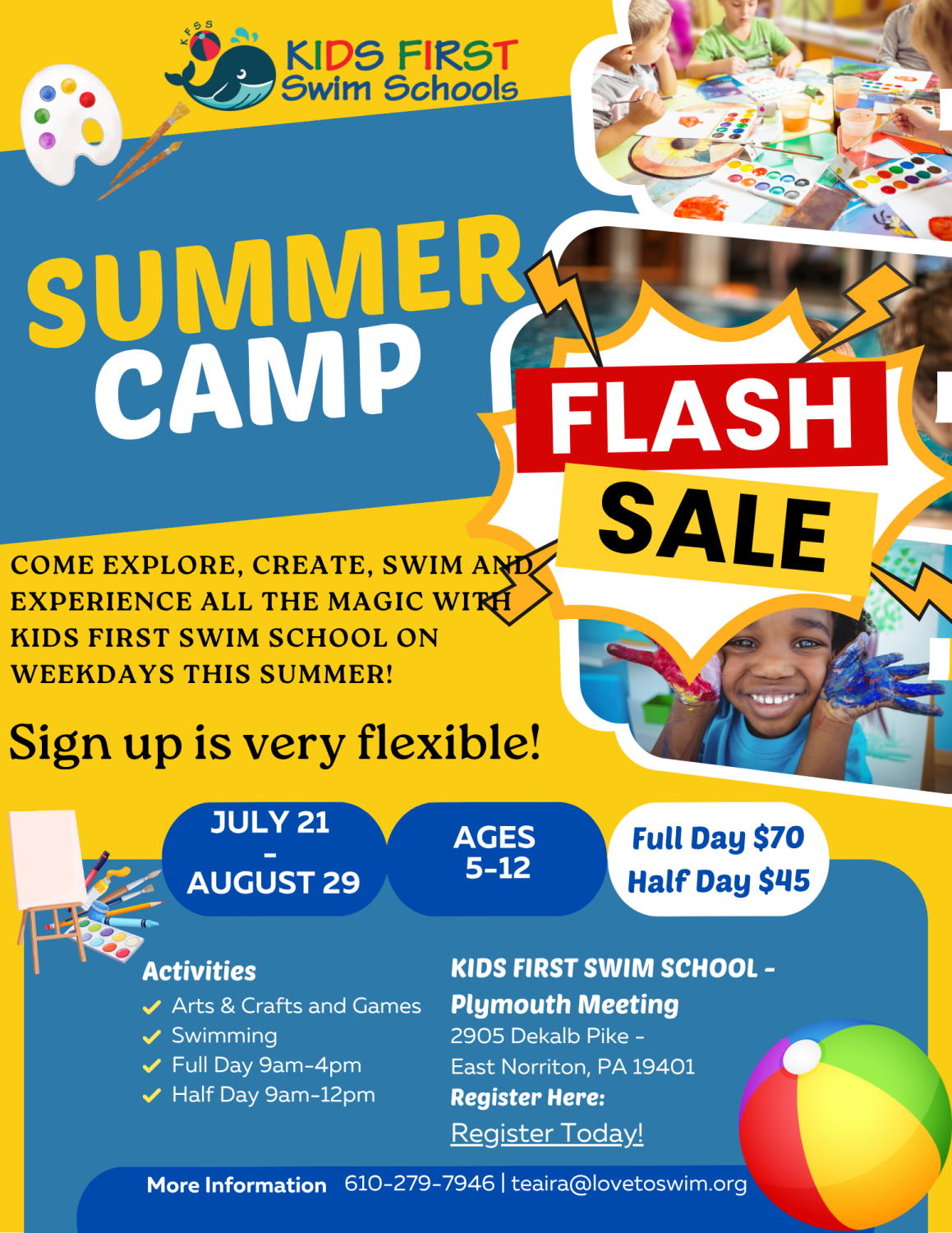 A flyer for a summer camp for kids first swim schools cherry hill