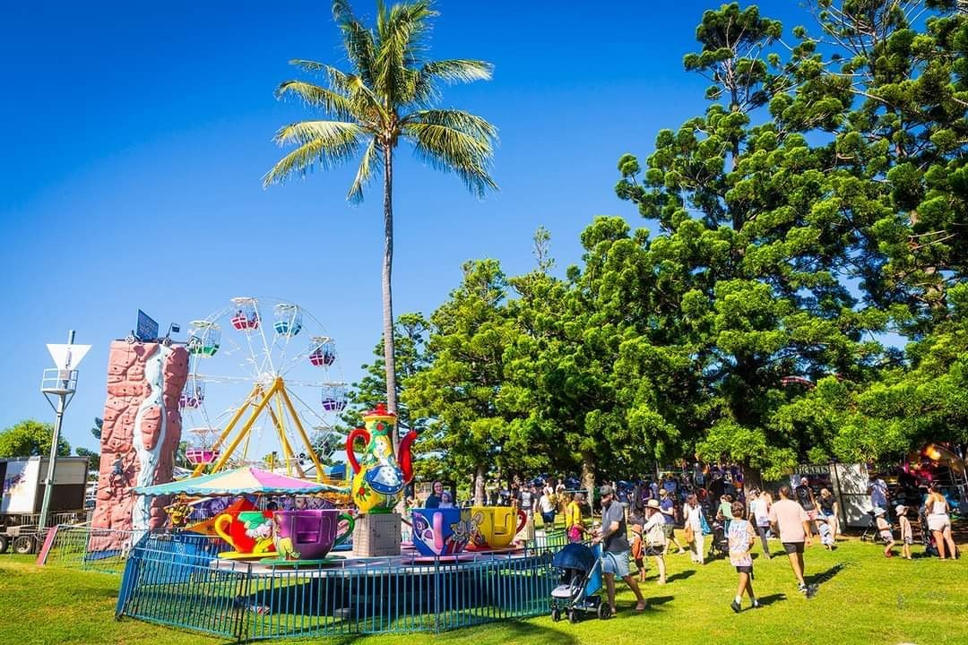Carnival scene with a Ferris wheel, spinning teacups, palm tree, people, and blue sky.  — Fun Time Amusements in Gracemere, QLD