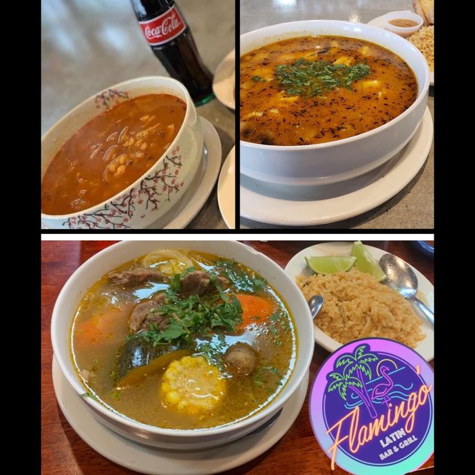 A collage of three bowls of soup and a coca cola bottle