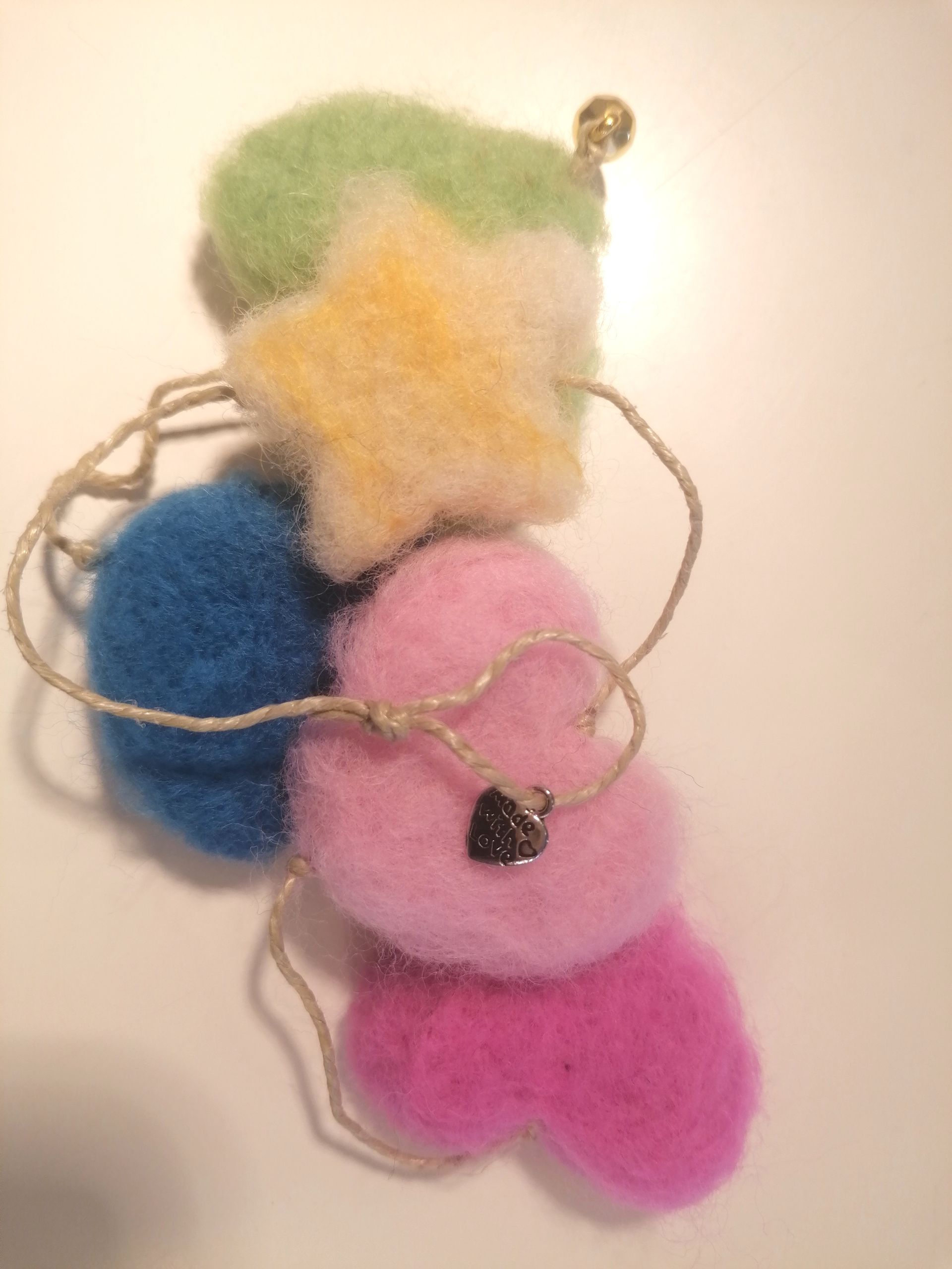 wol, ornament, groen, blauw, roze, geel, hart, ster, versiering, hanger,