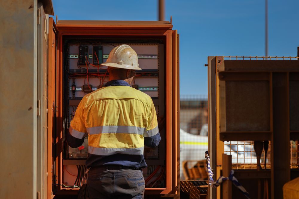 Worker in a Hard Hat Inspecting an Open Electrical Cabinet at an Industrial Site — Local Light Electrical in Suffolk Park, NSW