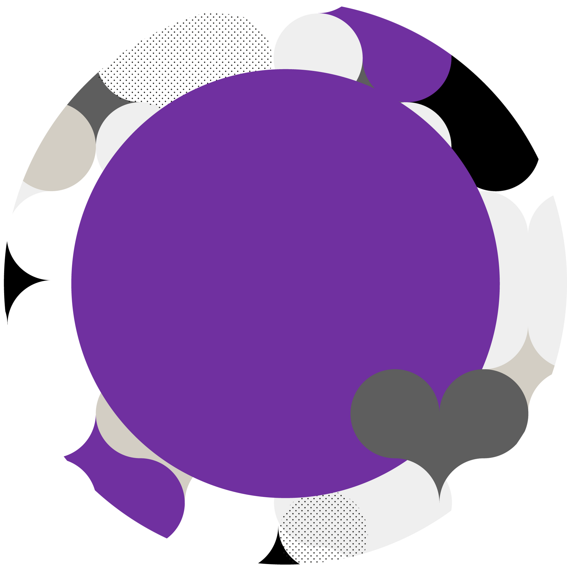 A purple circle surrounded by hearts and dots on a white background.