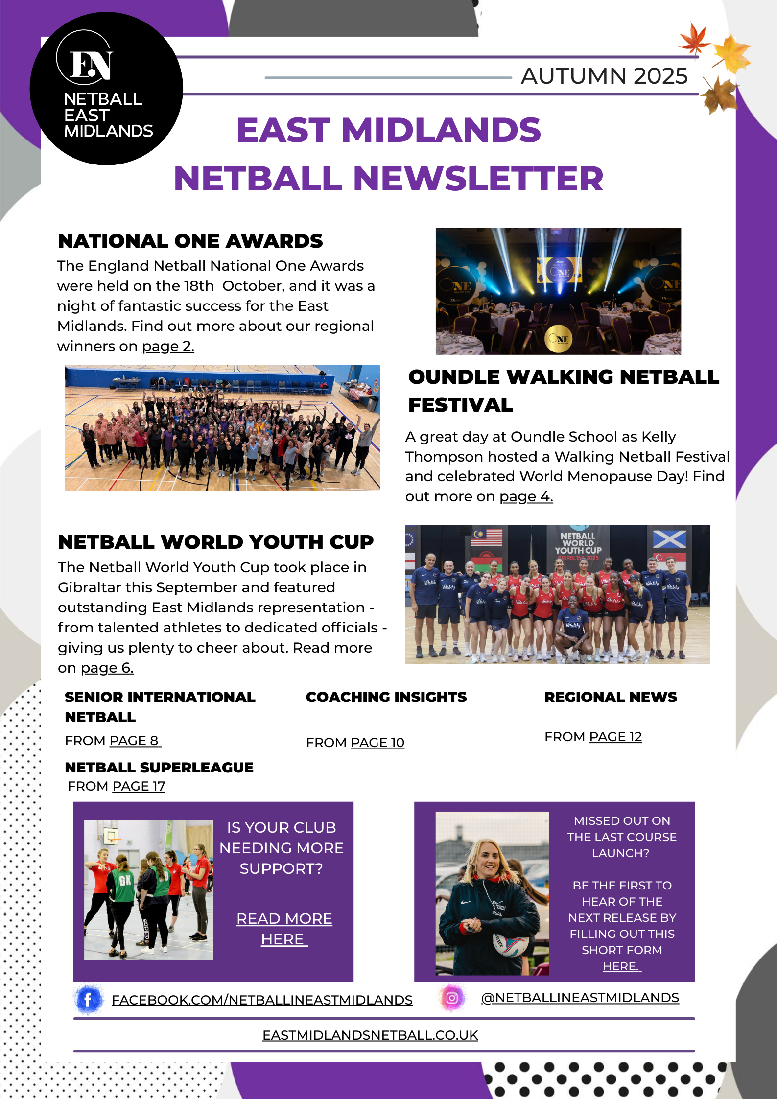 East Midlands Netball Newsletter with photos and text.