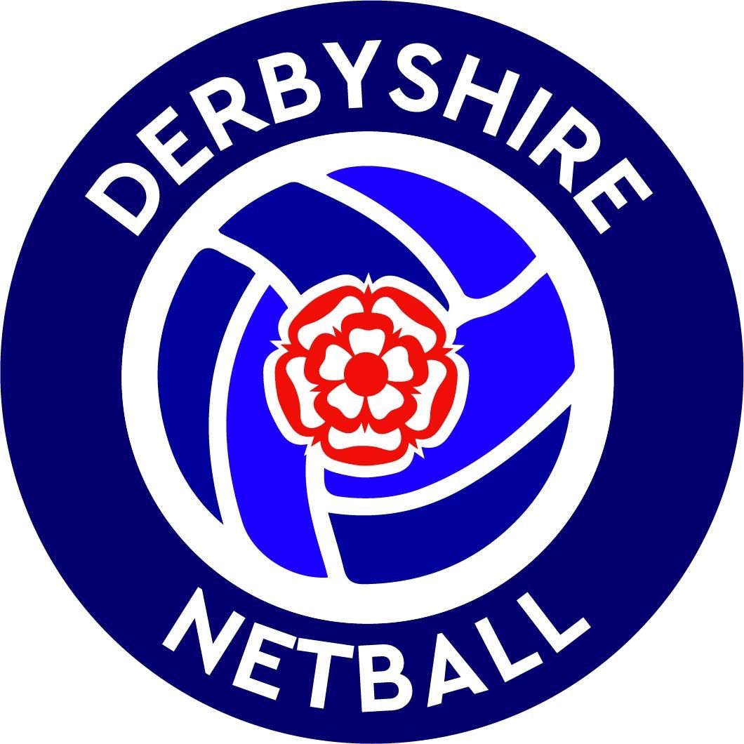 Derbyshire netball logo with a blue shield and a red rose