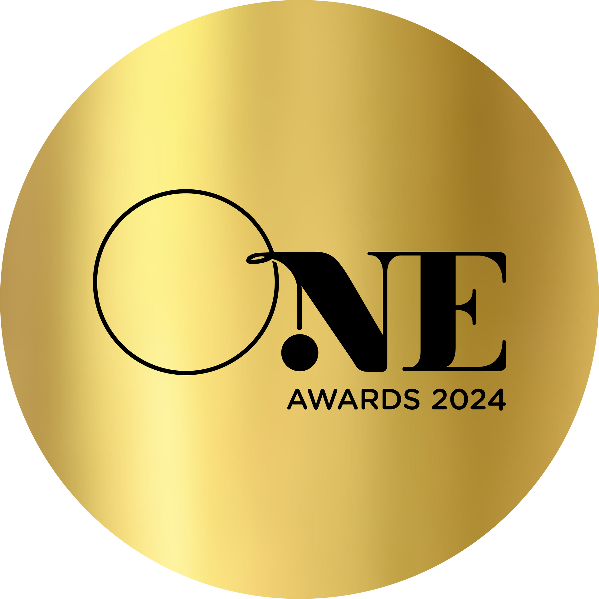 A gold circle with the words one awards 2024 on it