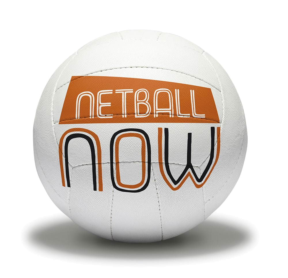 A white netball with the words netball now on it