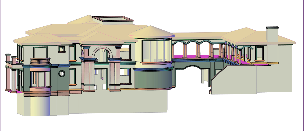Cutaway rendering of a cream-and-teal house interior with rooms and a covered walkway.