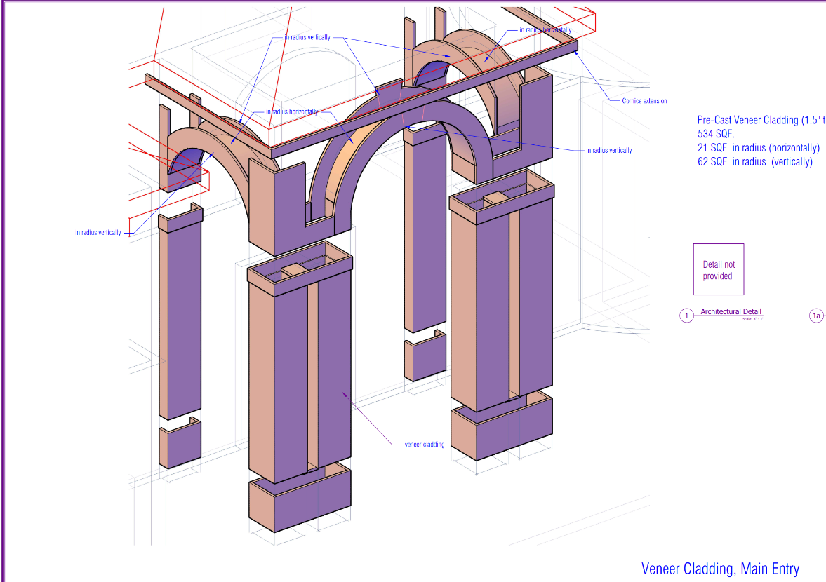 3D architectural drawing of a brick arcade structure with arches and support columns, shown with dimension lines