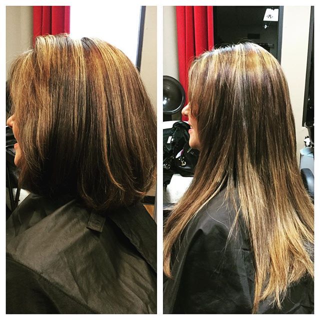 Before and after photos showing a woman's hair transformation from a short bob to long, flowing hair with highlights.