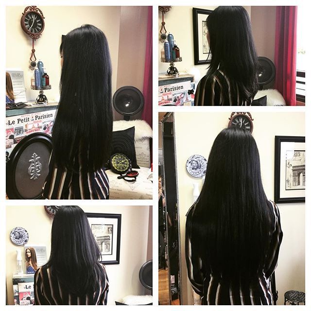 Four-panel collage: Woman with straight, black hair. Hair is long and shiny. She's in a salon.