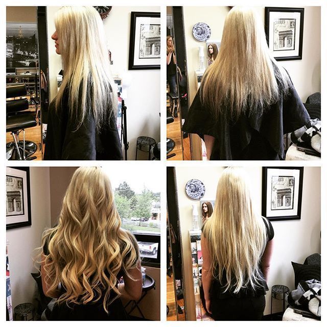 Blonde-haired person, before and after shots of their hair. Long straight hair turns into wavy style.