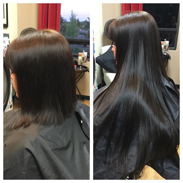 Before and after: dark-haired person with short hair gets long, shiny hair extension in a salon setting.