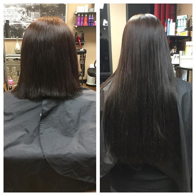 Before and after of a woman's hair; short, dark hair extended into long, sleek, dark hair.