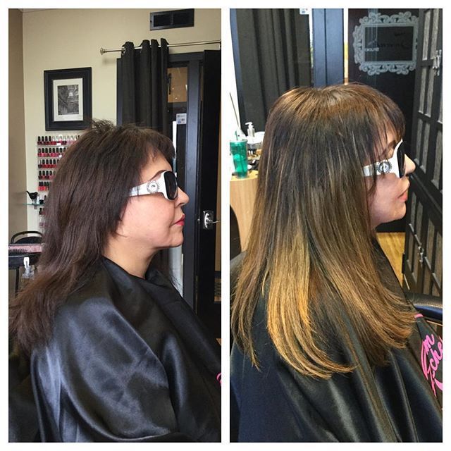 Before-and-after hair transformation. Woman with dark hair has it straightened with ombre coloring at the ends.