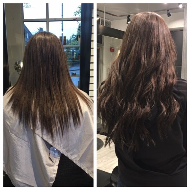 Before and after of woman's long brown hair. Before is straight, after is wavy with added volume.