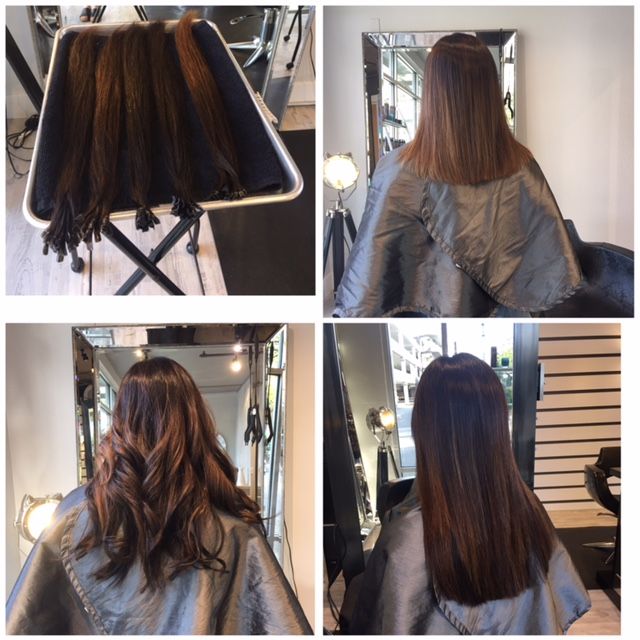 Four-panel collage shows hair extensions, a woman's shoulder-length hair, and added extensions creating longer, wavy hair.