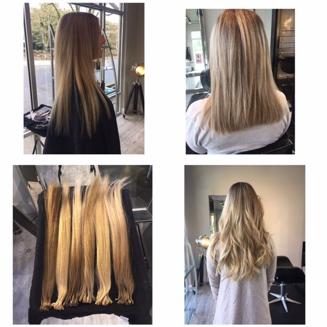 Blonde hair transformation: before and after extensions. A person in salon with new, long wavy blonde hair.