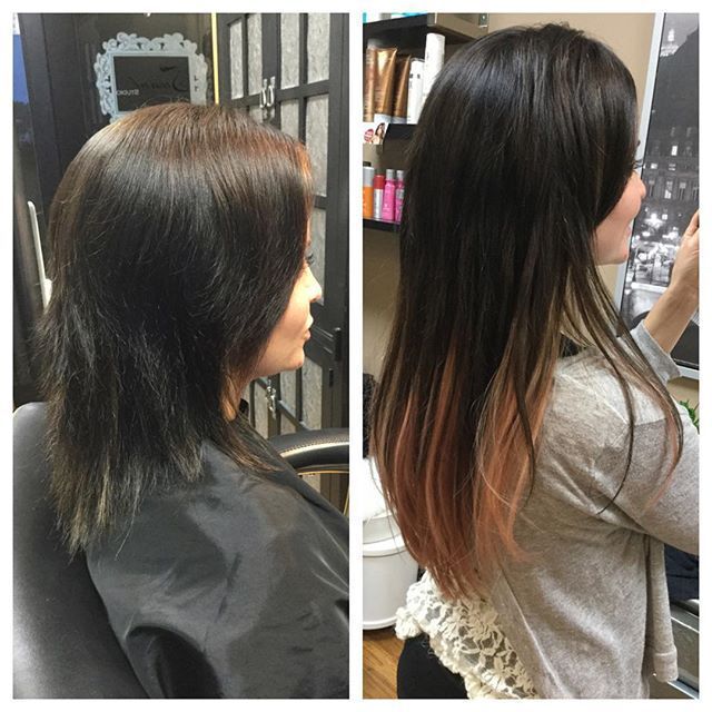 Before and after photos of a woman with dark hair, transitioning to light pink ombre.