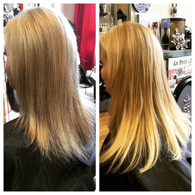 Woman with blonde hair, before and after a hair styling session.