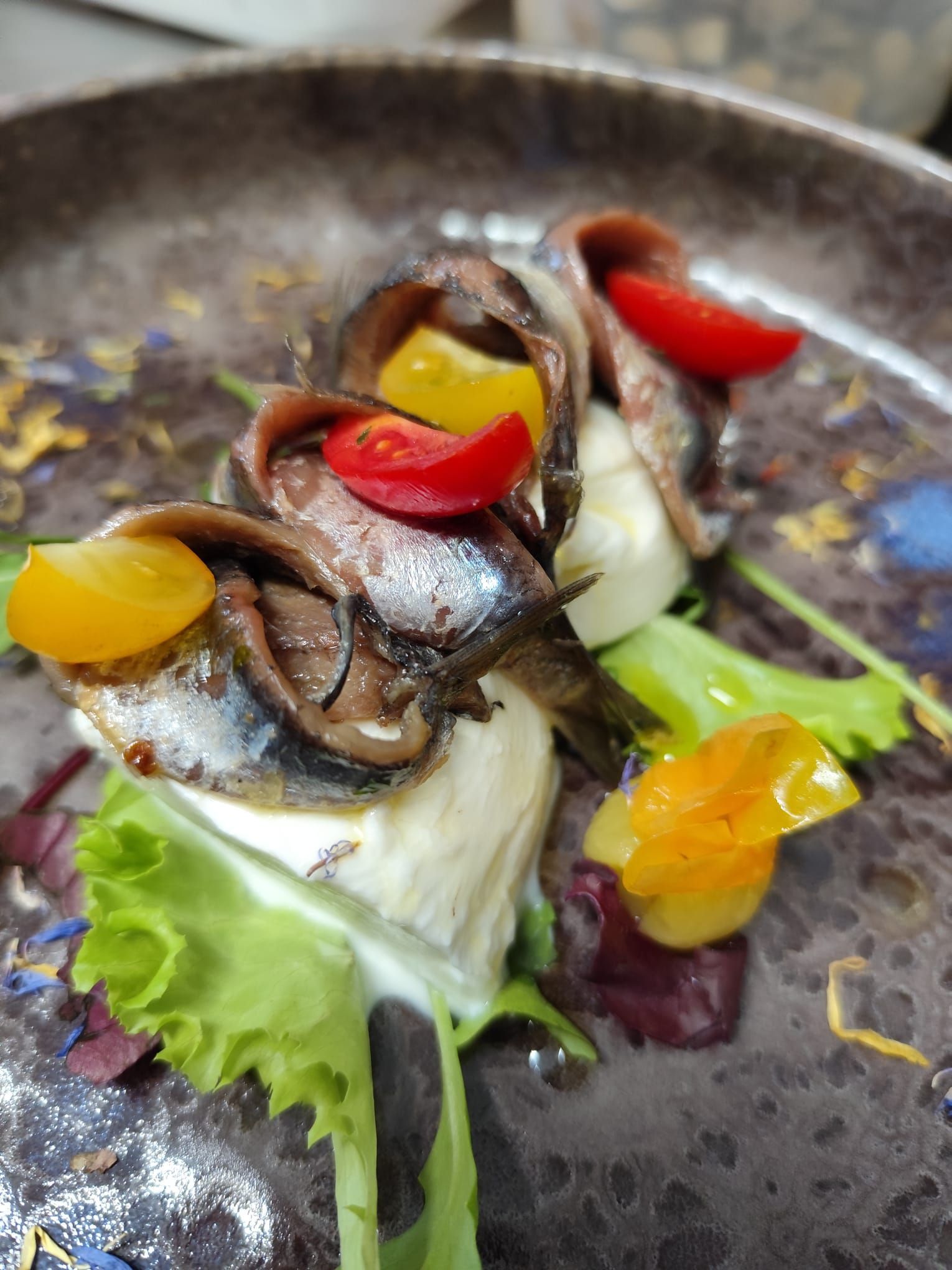 Antipasto di acciughe con pomodori, erbe aromatiche e salsa su un piatto marrone.