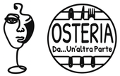 Logo per Osteria Da... Un'altra Parte, caratterizzato da un volto disegnato a mano e da un disegno circolare con posate.